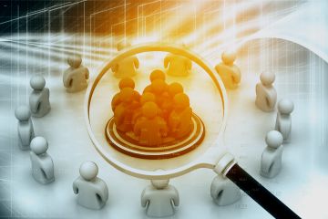 3D figures around a magnifying glass focusing on a group in the center, symbolizing onboarding or recruitment analysis